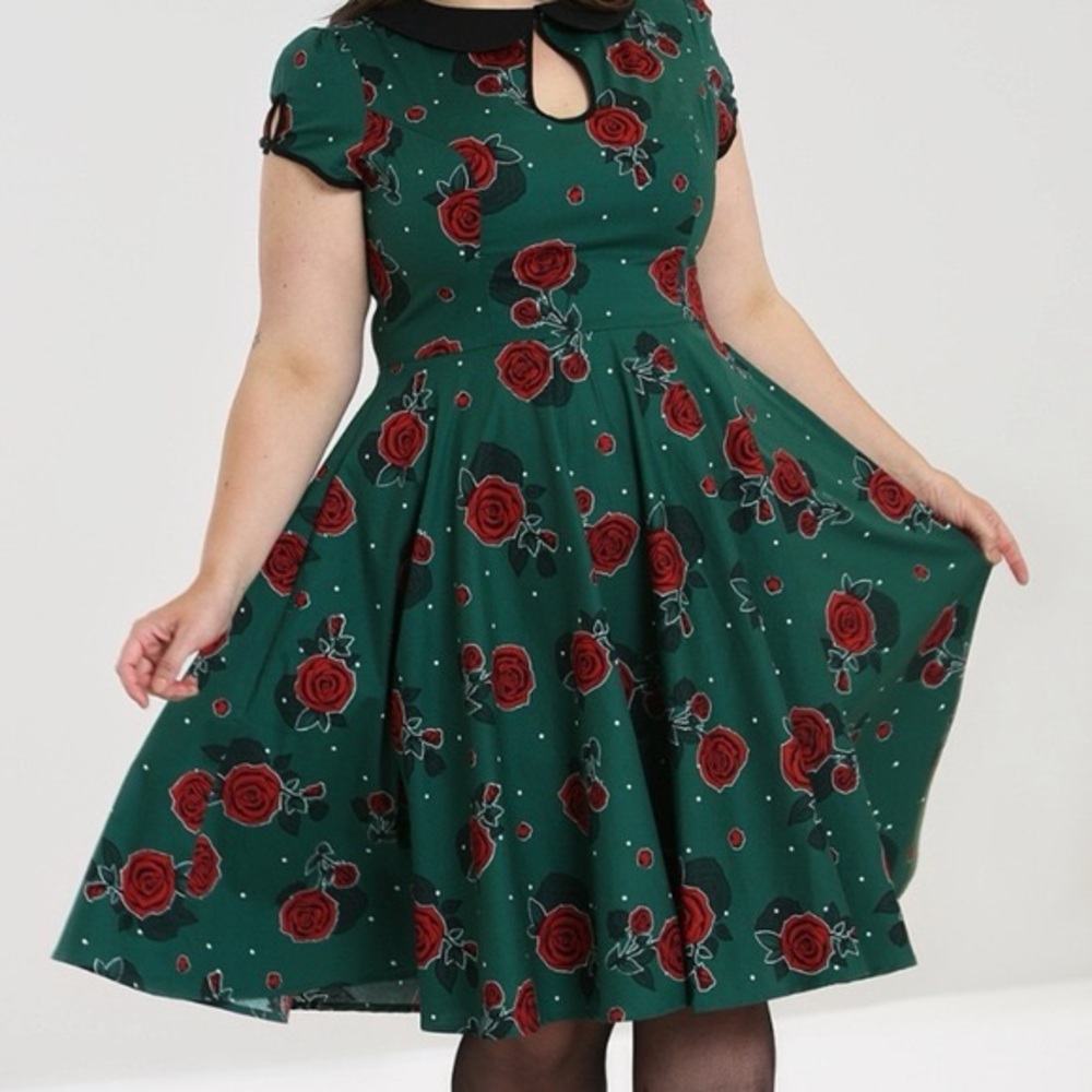 Hell Bunny Green Dress with Red Floral Pattern